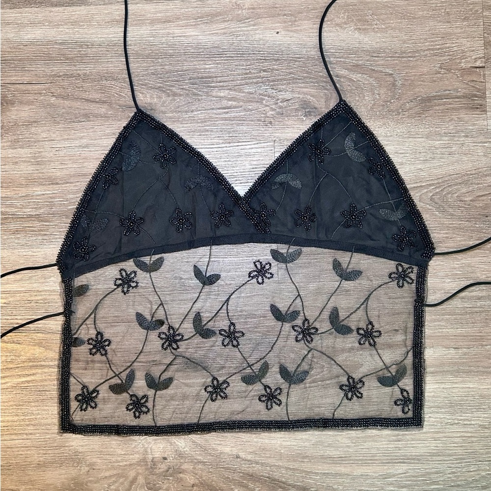 Elegant Sequin Beaded Black Sheer Floral Top